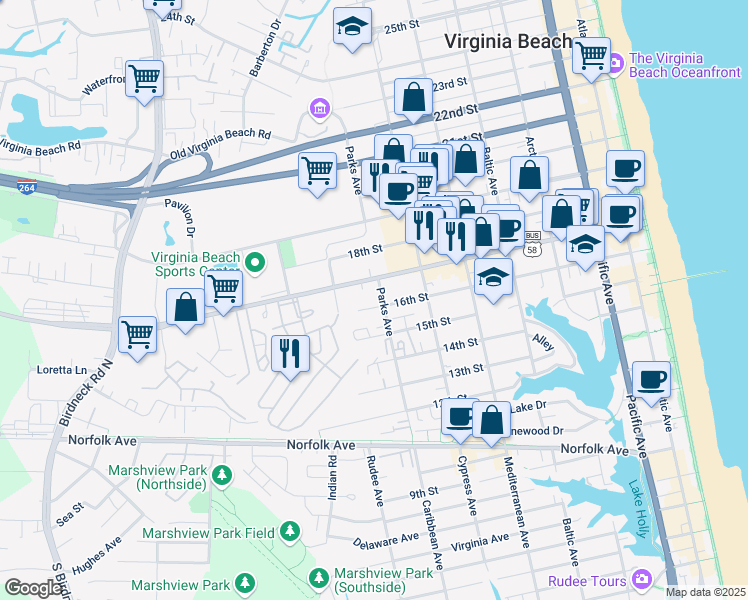 map of restaurants, bars, coffee shops, grocery stores, and more near 805 16th Street in Virginia Beach
