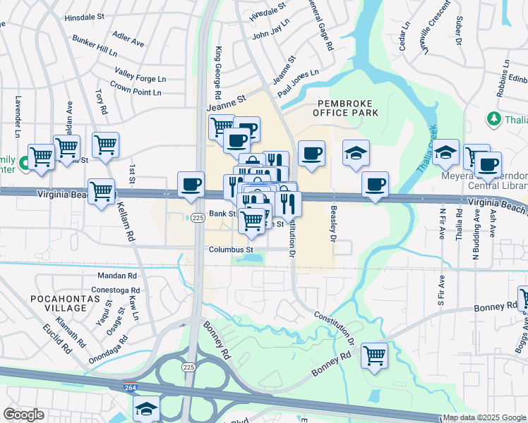 map of restaurants, bars, coffee shops, grocery stores, and more near 229 Town Center Drive in Virginia Beach
