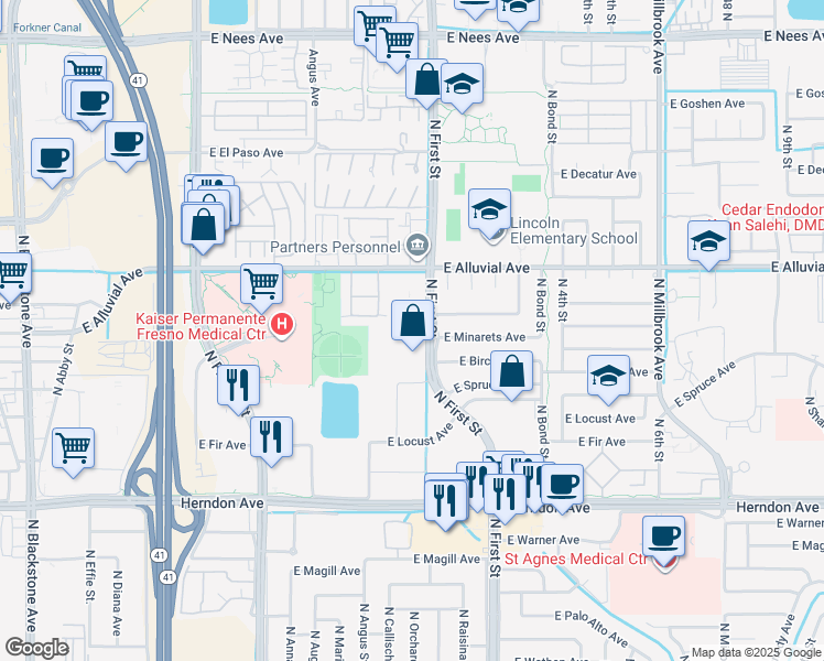 map of restaurants, bars, coffee shops, grocery stores, and more near 7275 North First Street in Fresno