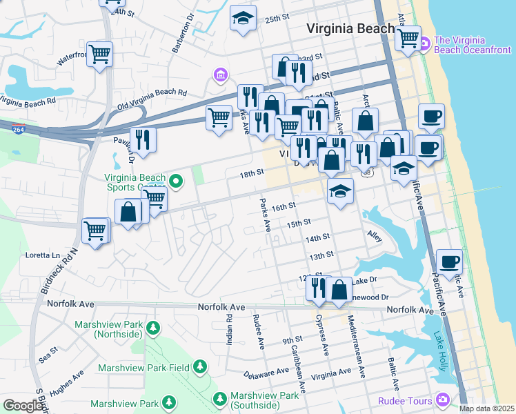 map of restaurants, bars, coffee shops, grocery stores, and more near 805 16th Street in Virginia Beach