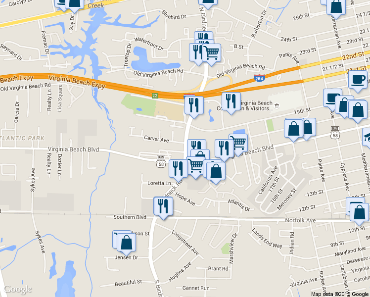 map of restaurants, bars, coffee shops, grocery stores, and more near 317 North Birdneck Road in Virginia Beach