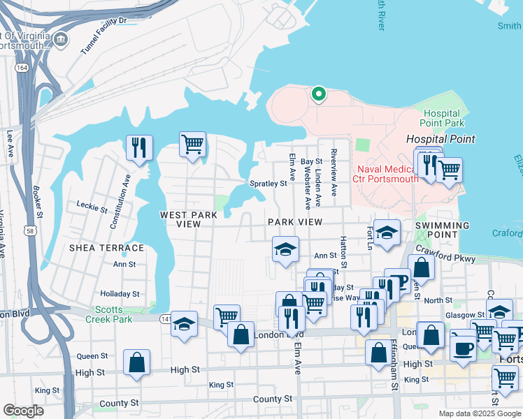 map of restaurants, bars, coffee shops, grocery stores, and more near 152 Owens Street in Portsmouth