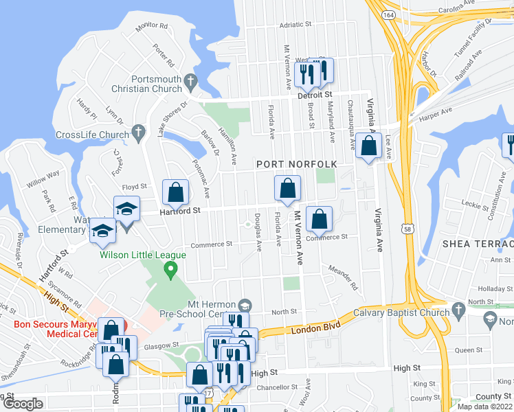 map of restaurants, bars, coffee shops, grocery stores, and more near 703 Douglas Avenue in Portsmouth