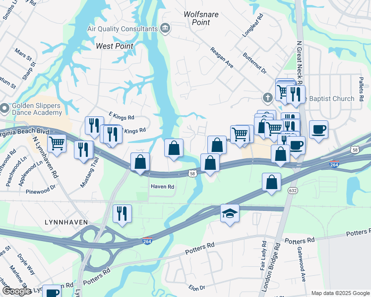 map of restaurants, bars, coffee shops, grocery stores, and more near 312 Overlook Court in Virginia Beach
