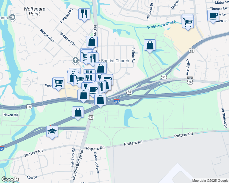 map of restaurants, bars, coffee shops, grocery stores, and more near 2212 Laskin Road in Virginia Beach