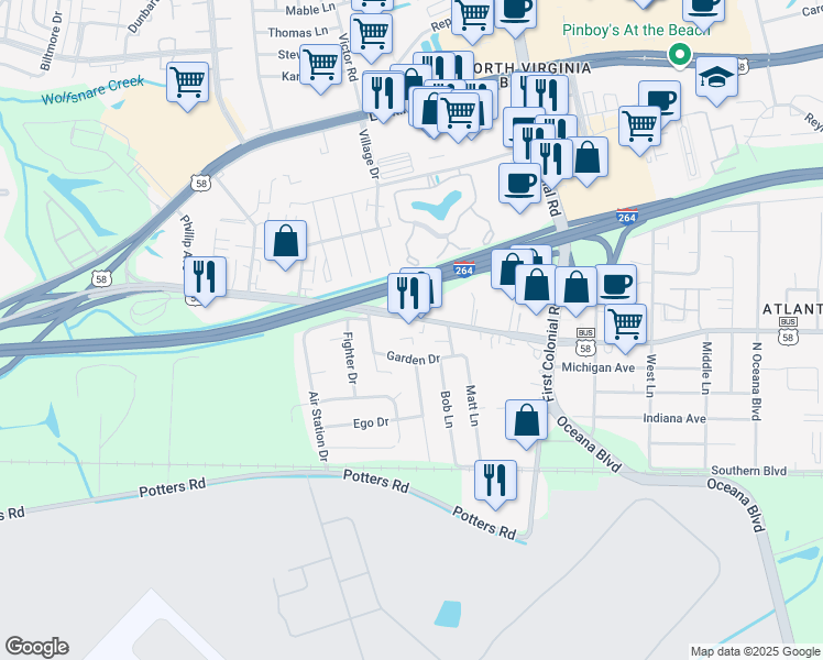map of restaurants, bars, coffee shops, grocery stores, and more near 1781 Virginia Beach Boulevard in Virginia Beach