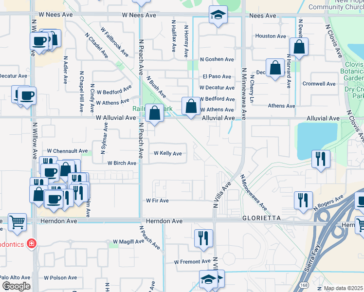 map of restaurants, bars, coffee shops, grocery stores, and more near 234 West Chennault Avenue in Clovis