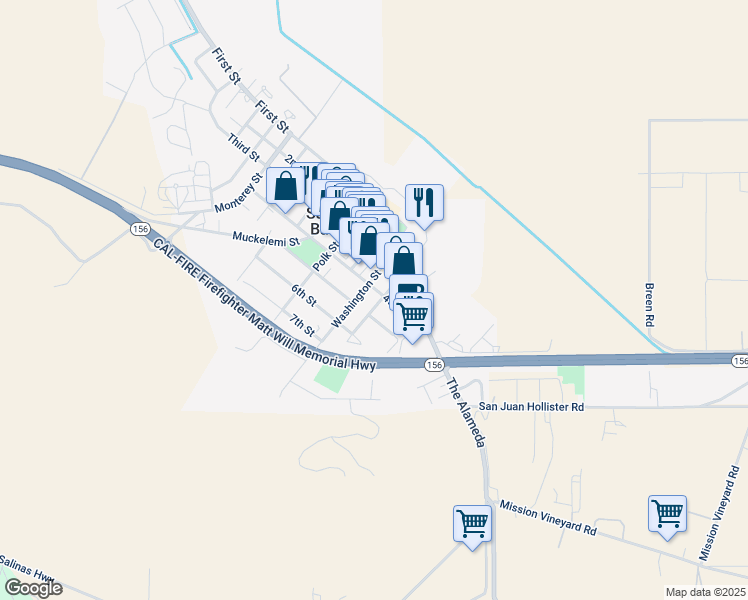 map of restaurants, bars, coffee shops, grocery stores, and more near 41 Franklin Street in San Juan Bautista