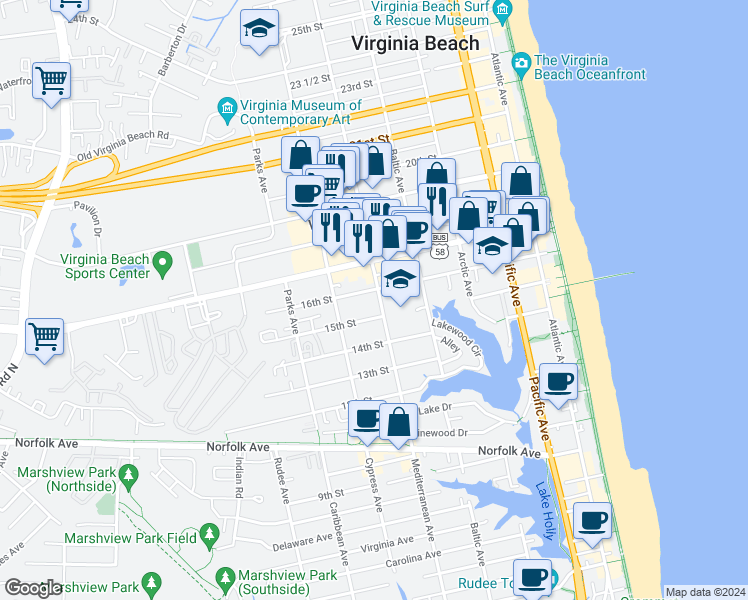 map of restaurants, bars, coffee shops, grocery stores, and more near 600 16th Street in Virginia Beach