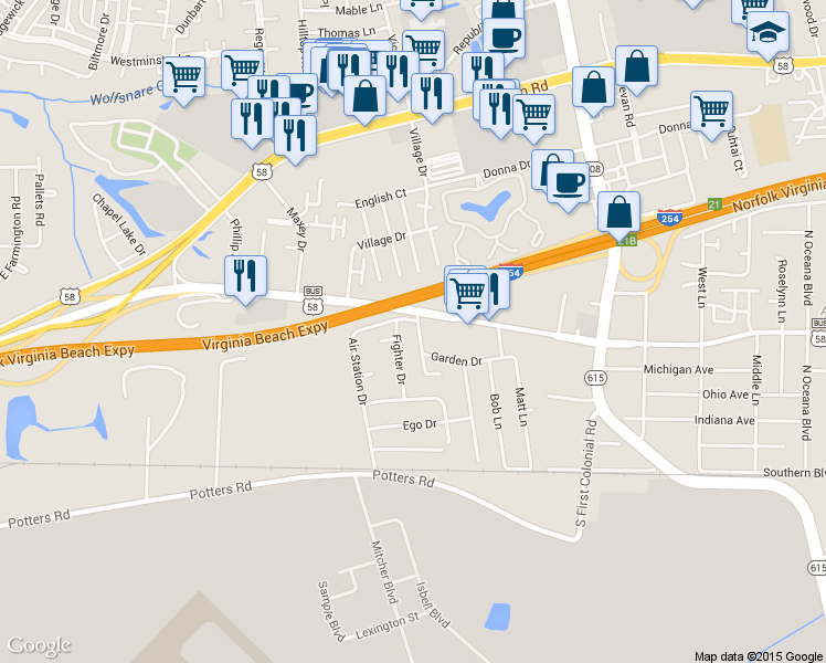 map of restaurants, bars, coffee shops, grocery stores, and more near 264 Fighter Drive in Virginia Beach
