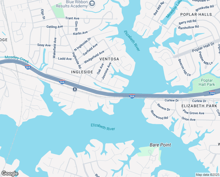 map of restaurants, bars, coffee shops, grocery stores, and more near 3727 Riverside Drive in Norfolk