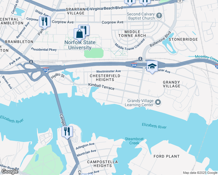 map of restaurants, bars, coffee shops, grocery stores, and more near in Norfolk