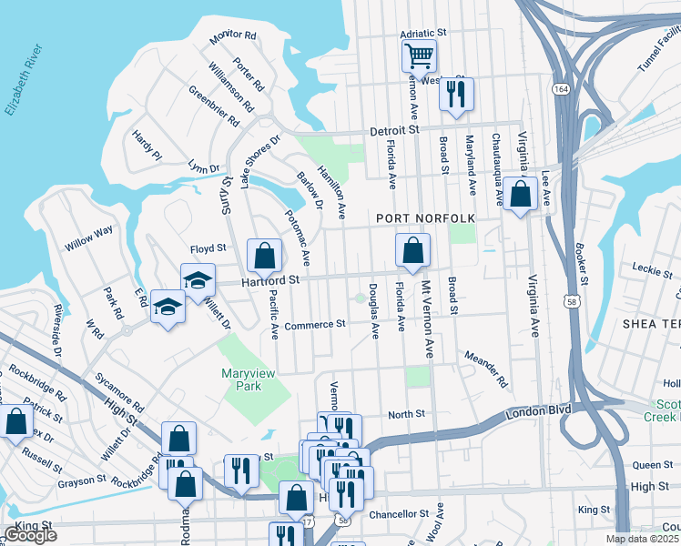 map of restaurants, bars, coffee shops, grocery stores, and more near 643 Hamilton Avenue in Portsmouth