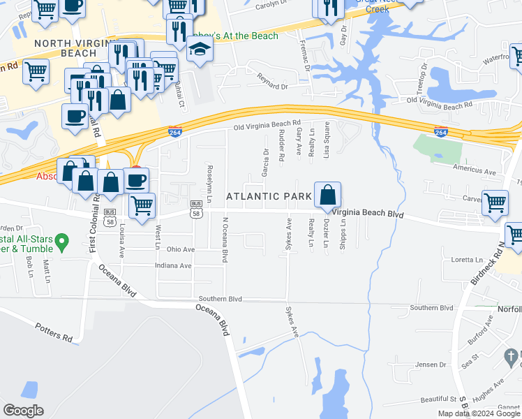 map of restaurants, bars, coffee shops, grocery stores, and more near 305 Garcia Drive in Virginia Beach