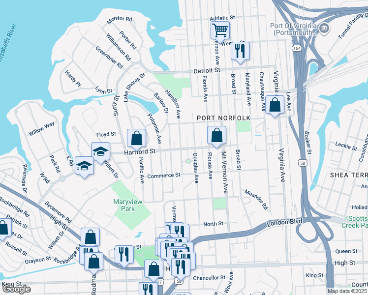 map of restaurants, bars, coffee shops, grocery stores, and more near 647 Hamilton Avenue in Portsmouth