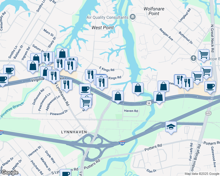 map of restaurants, bars, coffee shops, grocery stores, and more near 313 Crawford Pl in Virginia Beach