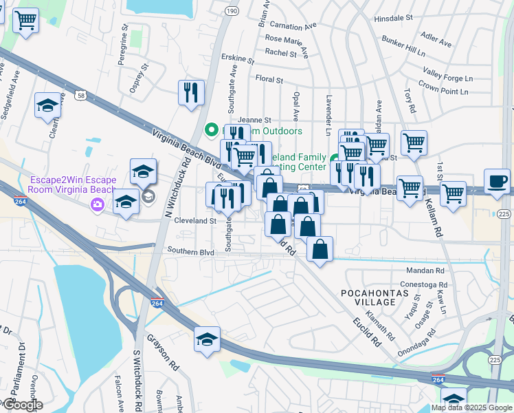 map of restaurants, bars, coffee shops, grocery stores, and more near 236-260 Dorset Avenue in Virginia Beach