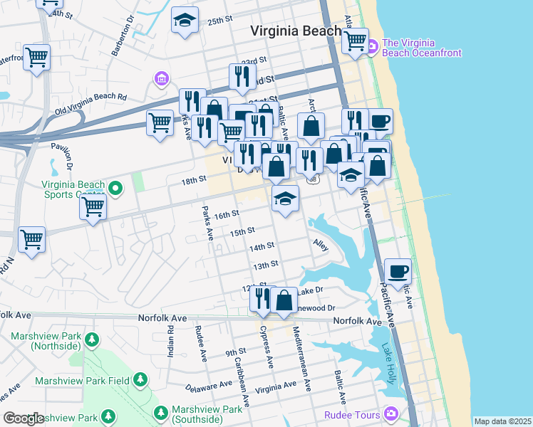 map of restaurants, bars, coffee shops, grocery stores, and more near 1512 Mediterranean Avenue in Virginia Beach