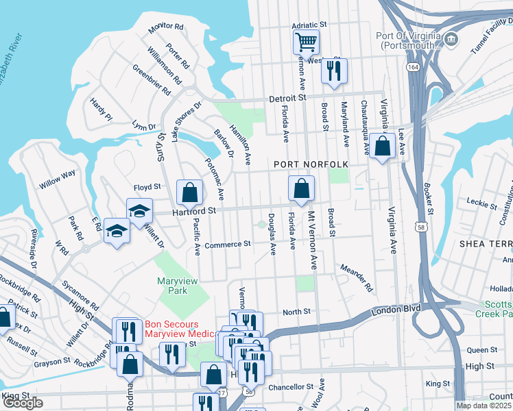 map of restaurants, bars, coffee shops, grocery stores, and more near 647 Hamilton Avenue in Portsmouth