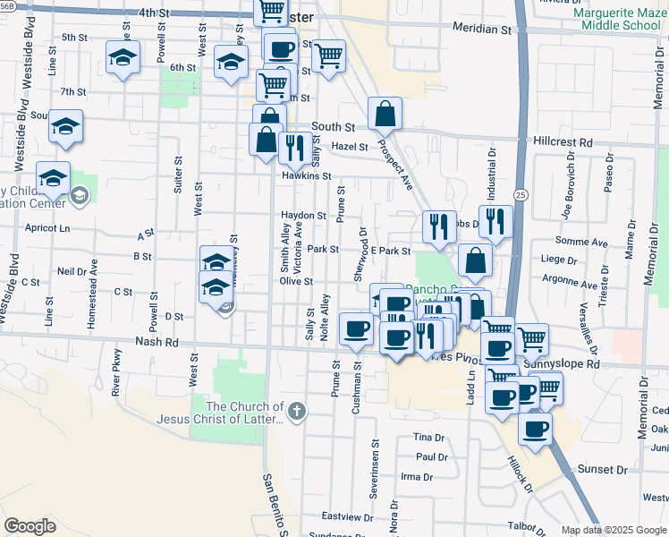map of restaurants, bars, coffee shops, grocery stores, and more near 1146 Prune Street in Hollister
