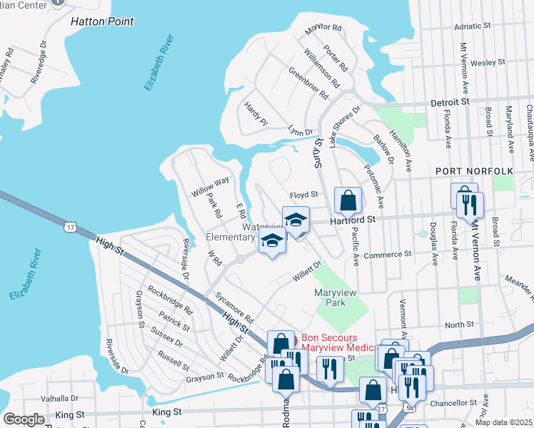 map of restaurants, bars, coffee shops, grocery stores, and more near 115 Tyler Crescent East in Portsmouth