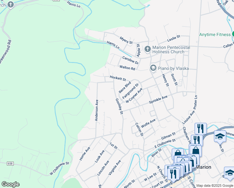 map of restaurants, bars, coffee shops, grocery stores, and more near 131 Race Blvd in Marion