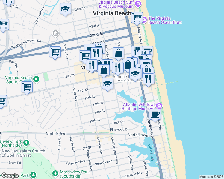 map of restaurants, bars, coffee shops, grocery stores, and more near 501 15th Street in Virginia Beach