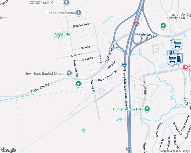 map of restaurants, bars, coffee shops, grocery stores, and more near 5125 Old Pughsville Road in Chesapeake