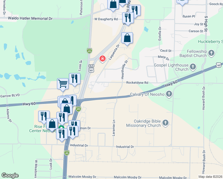 map of restaurants, bars, coffee shops, grocery stores, and more near 1111 Rocketdyne Road in Neosho