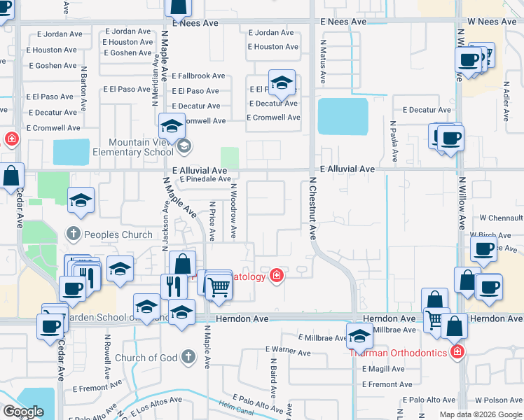 map of restaurants, bars, coffee shops, grocery stores, and more near 2328 East Birch Avenue in Fresno