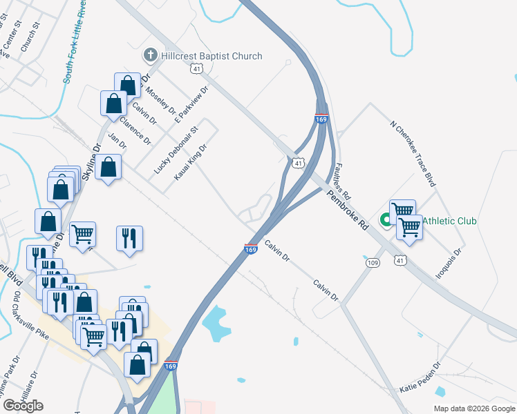 map of restaurants, bars, coffee shops, grocery stores, and more near 3000 Calvin Drive in Hopkinsville