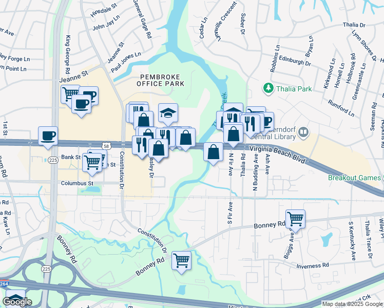 map of restaurants, bars, coffee shops, grocery stores, and more near 4381 Virginia Beach Boulevard in Virginia Beach