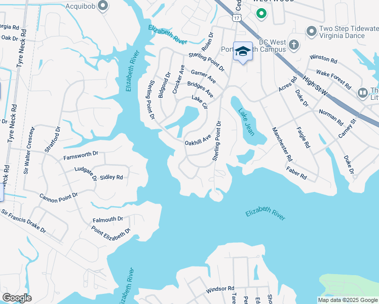 map of restaurants, bars, coffee shops, grocery stores, and more near 2605 Sterling Point Drive in Portsmouth