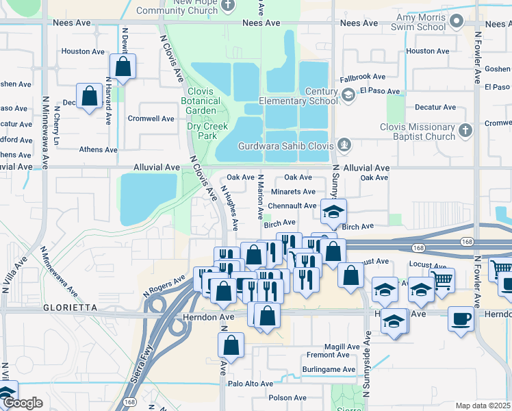map of restaurants, bars, coffee shops, grocery stores, and more near 885 Chennault Avenue in Clovis