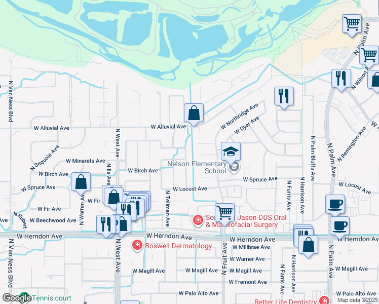 map of restaurants, bars, coffee shops, grocery stores, and more near 7318 North Pacific Avenue in Fresno