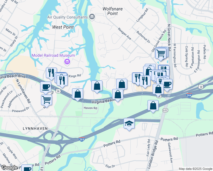 map of restaurants, bars, coffee shops, grocery stores, and more near 329 Overlook Court in Virginia Beach