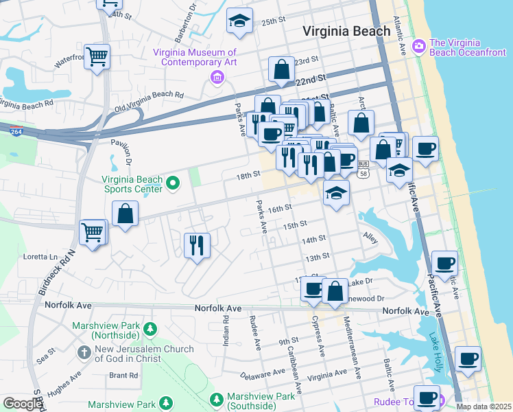 map of restaurants, bars, coffee shops, grocery stores, and more near 1610 Parks Avenue in Virginia Beach