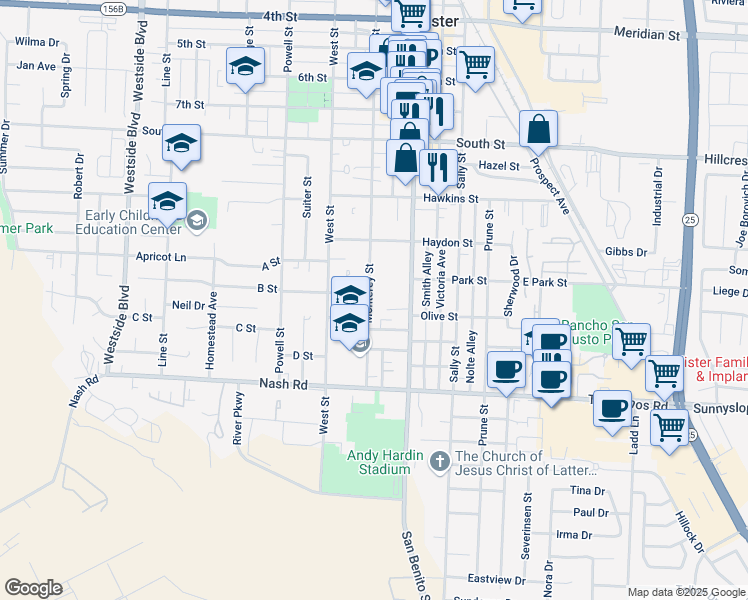 map of restaurants, bars, coffee shops, grocery stores, and more near 1125 Monterey Street in Hollister