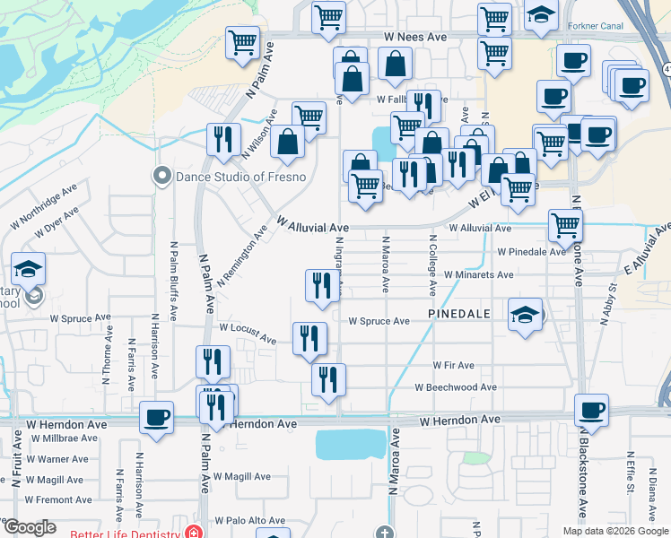 map of restaurants, bars, coffee shops, grocery stores, and more near 7343 North Ingram Avenue in Fresno