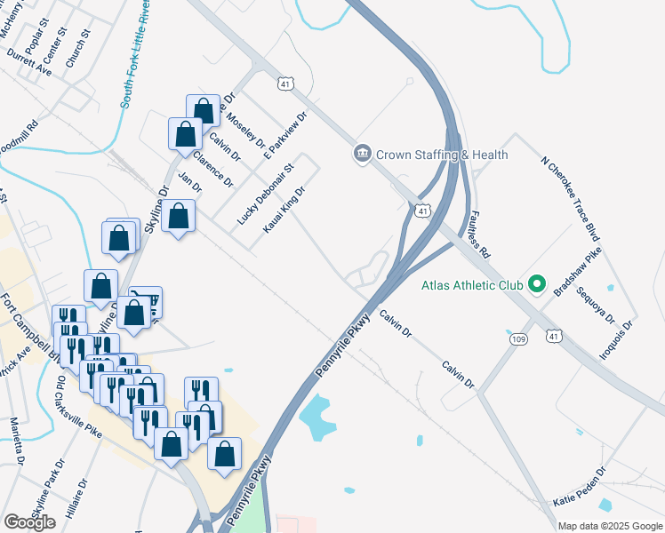 map of restaurants, bars, coffee shops, grocery stores, and more near 2716 Calvin Drive in Hopkinsville
