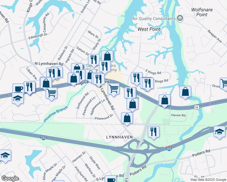 map of restaurants, bars, coffee shops, grocery stores, and more near 2859 Virginia Beach Boulevard in Virginia Beach