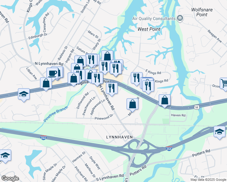 map of restaurants, bars, coffee shops, grocery stores, and more near 2859 Virginia Beach Boulevard in Virginia Beach
