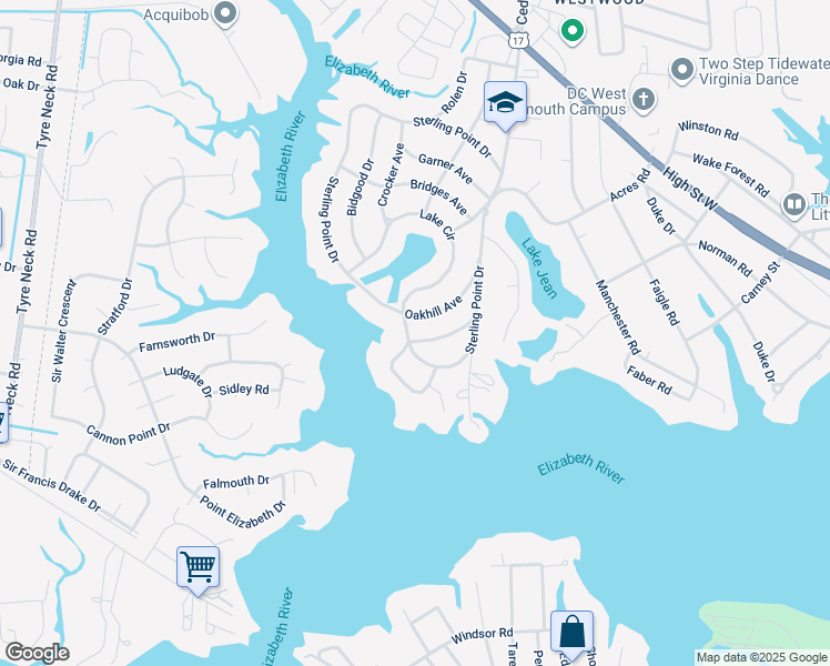 map of restaurants, bars, coffee shops, grocery stores, and more near 2605 Sterling Point Drive in Portsmouth