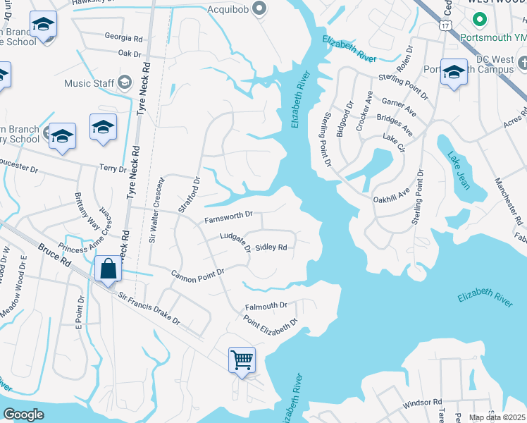 map of restaurants, bars, coffee shops, grocery stores, and more near 3720 Farnsworth Drive in Chesapeake