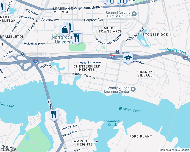 map of restaurants, bars, coffee shops, grocery stores, and more near 2708 Kimball Terrace in Norfolk