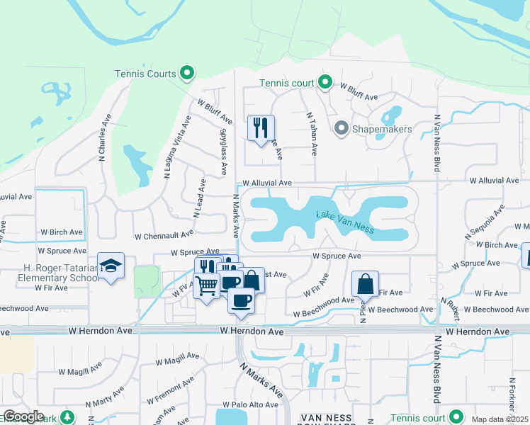 map of restaurants, bars, coffee shops, grocery stores, and more near 2687 West Lake Van Ness Circle in Fresno