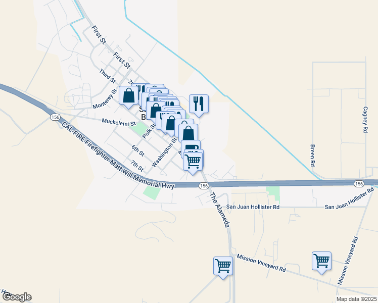 map of restaurants, bars, coffee shops, grocery stores, and more near 104 Third Street in Hollister