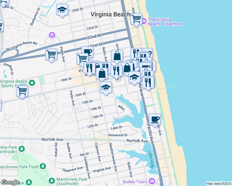 map of restaurants, bars, coffee shops, grocery stores, and more near 411 15th Street in Virginia Beach