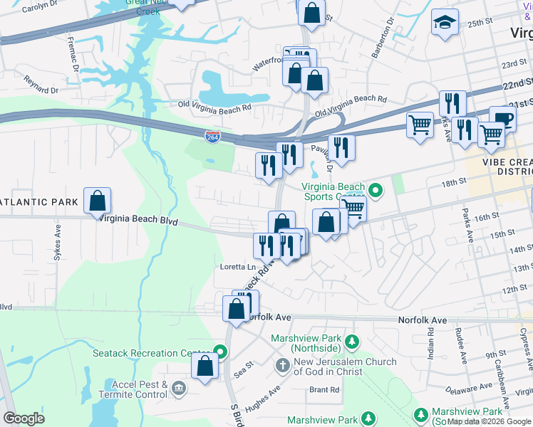 map of restaurants, bars, coffee shops, grocery stores, and more near 317 North Birdneck Road in Virginia Beach