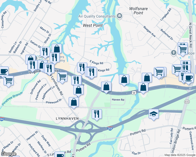 map of restaurants, bars, coffee shops, grocery stores, and more near 313 Crawford Place in Virginia Beach